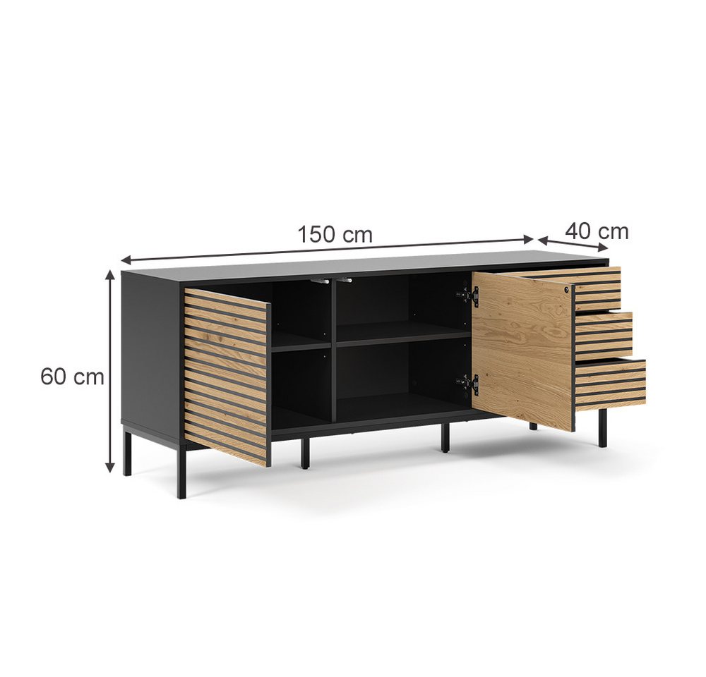 Vicco Lowboard Eliza, Schwarz/Eiche, 150 x 60 cm mit 3 Schubladen (1 St) – Bild 3 von 5