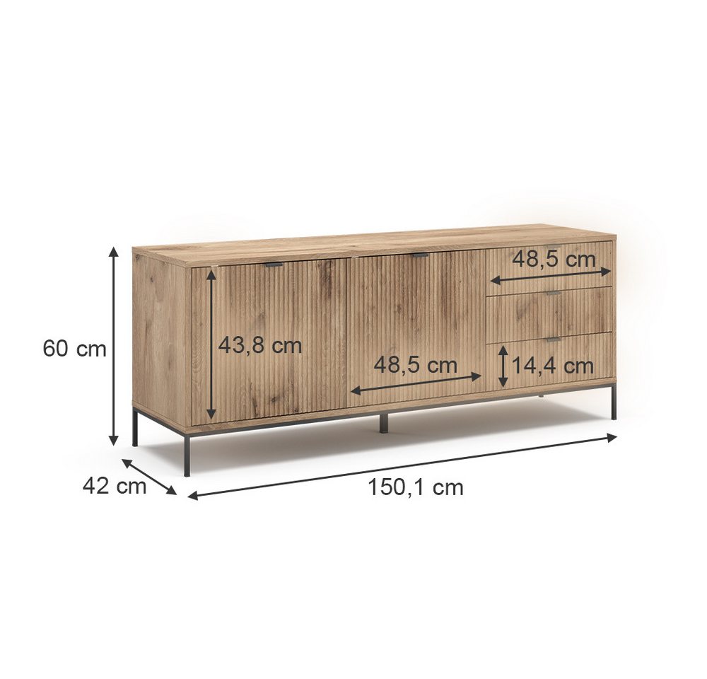 Vicco Lowboard Eliza, Viking Oak, 150.1 x 60 cm mit 3 Schubladen, 2 Türen (1 St) – Bild 4 von 5