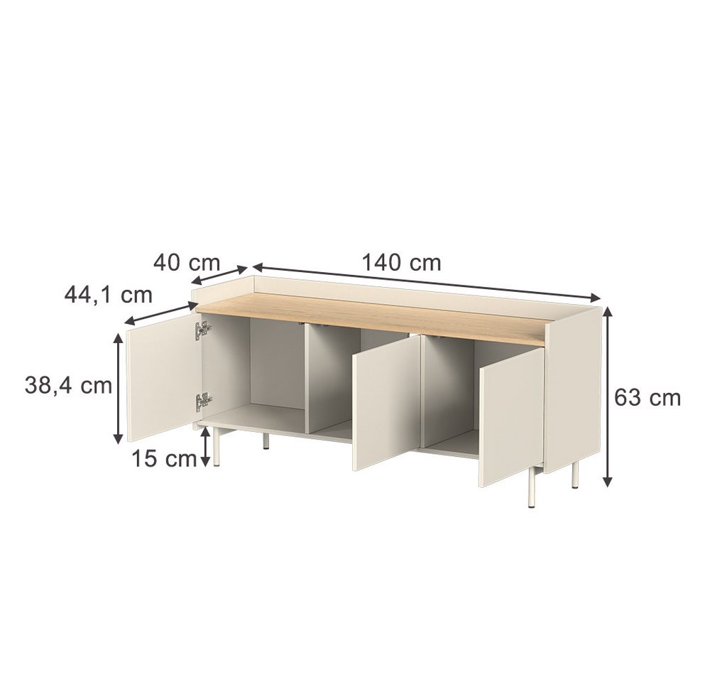 Vicco Lowboard Velina, Creme/Eiche, 140 x 63 cm mit 3 Türen (1 St) – Bild 3 von 5