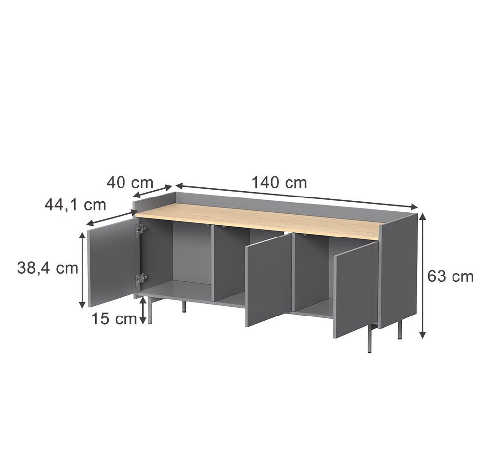 Vicco Lowboard Velina, Grau/Eiche, 140 x 63 cm mit 3 Türen (1 St) – Bild 3 von 5