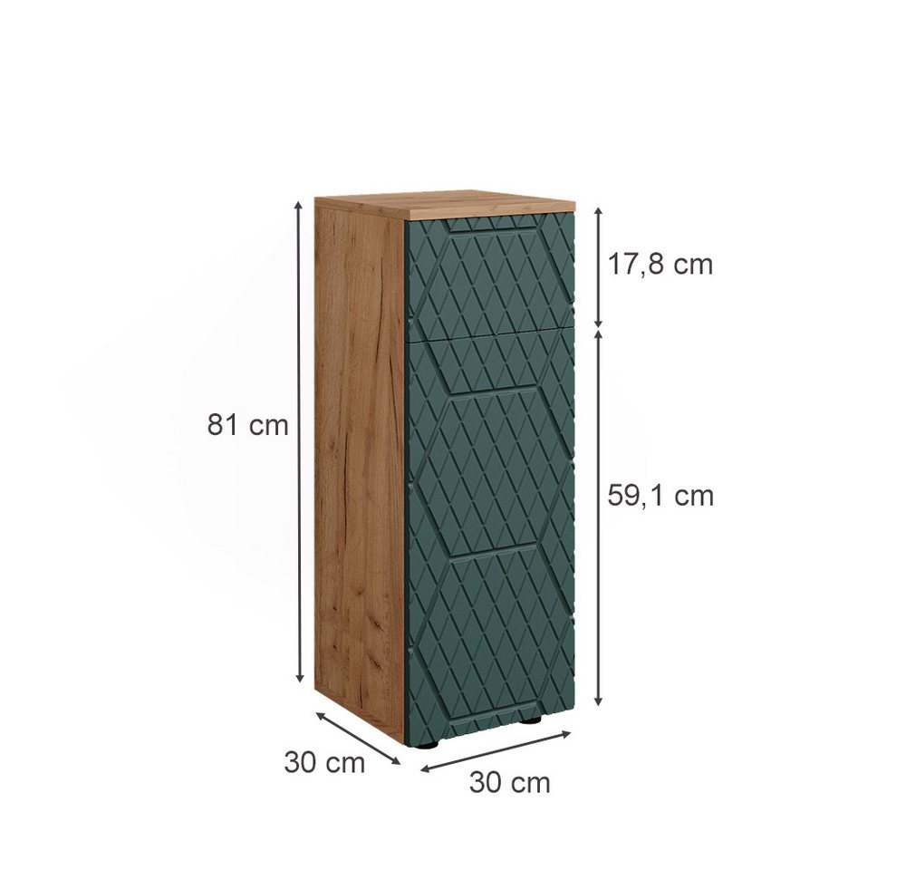 Vicco Midischrank Irma, Goldkraft Eiche/Grün, 30 x 81 cm mit 1 Schublade, 2 Fächer,... (1-St) – Bild 3 von 5