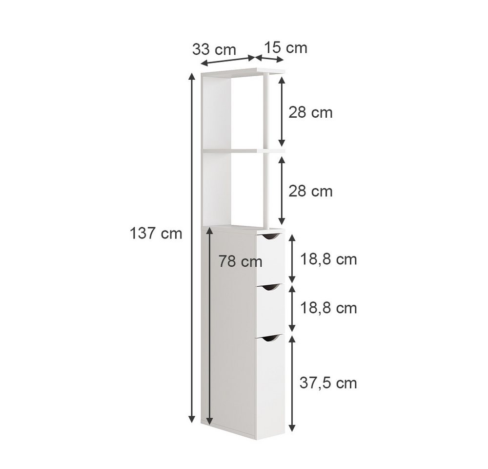 Vicco Midischrank Vera, Weiß, 137 x 15 cm mit 3 Schubladen (1-St) – Bild 3 von 5