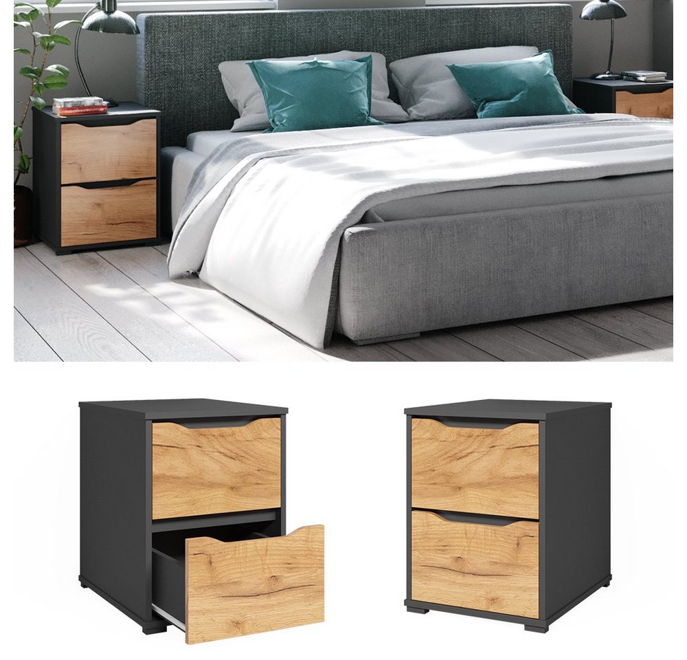 Vicco Nachtkommode Ruben, Goldkraft Eiche/Anthrazit, 40 x 53.6 cm mit Schubladen (1 St) – Bild 3 von 5