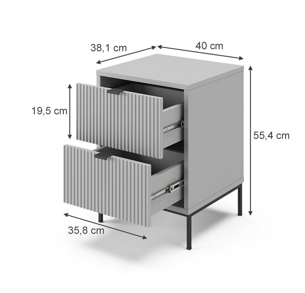 Vicco Nachtschrank Eliza, Grau/Schwarz, 40 x 55.4 cm mit 2 Schubladen (1-St) – Bild 3 von 5