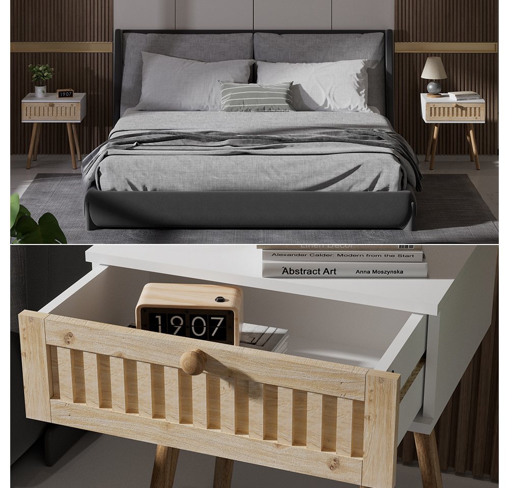 Vicco Nachtschrank Holk, Weiß/Kiefer, 40 x 47 cm 2-er Set (2-St) – Bild 4 von 5