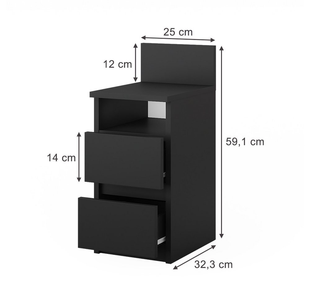 Vicco Nachtschrank Monty, Schwarz, 25 x 59.1 cm mit 2 Schubladen (1-St) – Bild 3 von 5