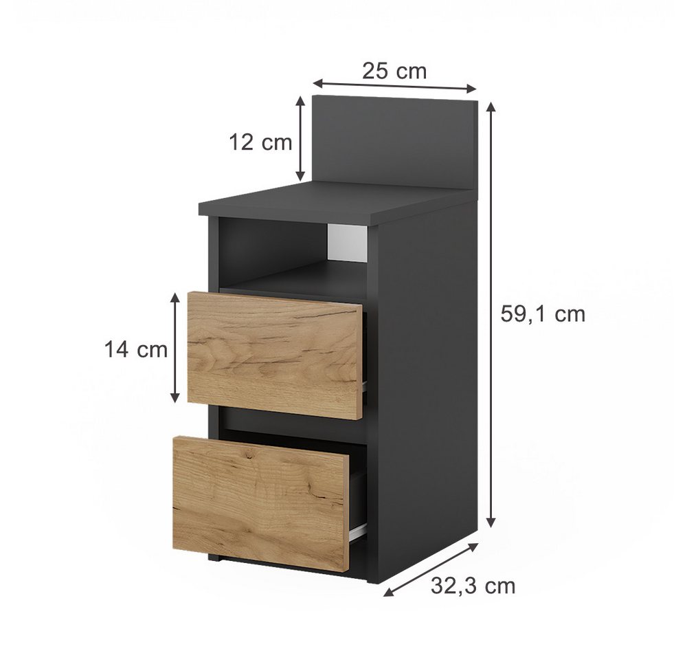 Vicco Nachtschrank Monty, Anthrazit/Goldkraft Eiche, 25 x 59.1 cm 2er Set (2-St) – Bild 3 von 5