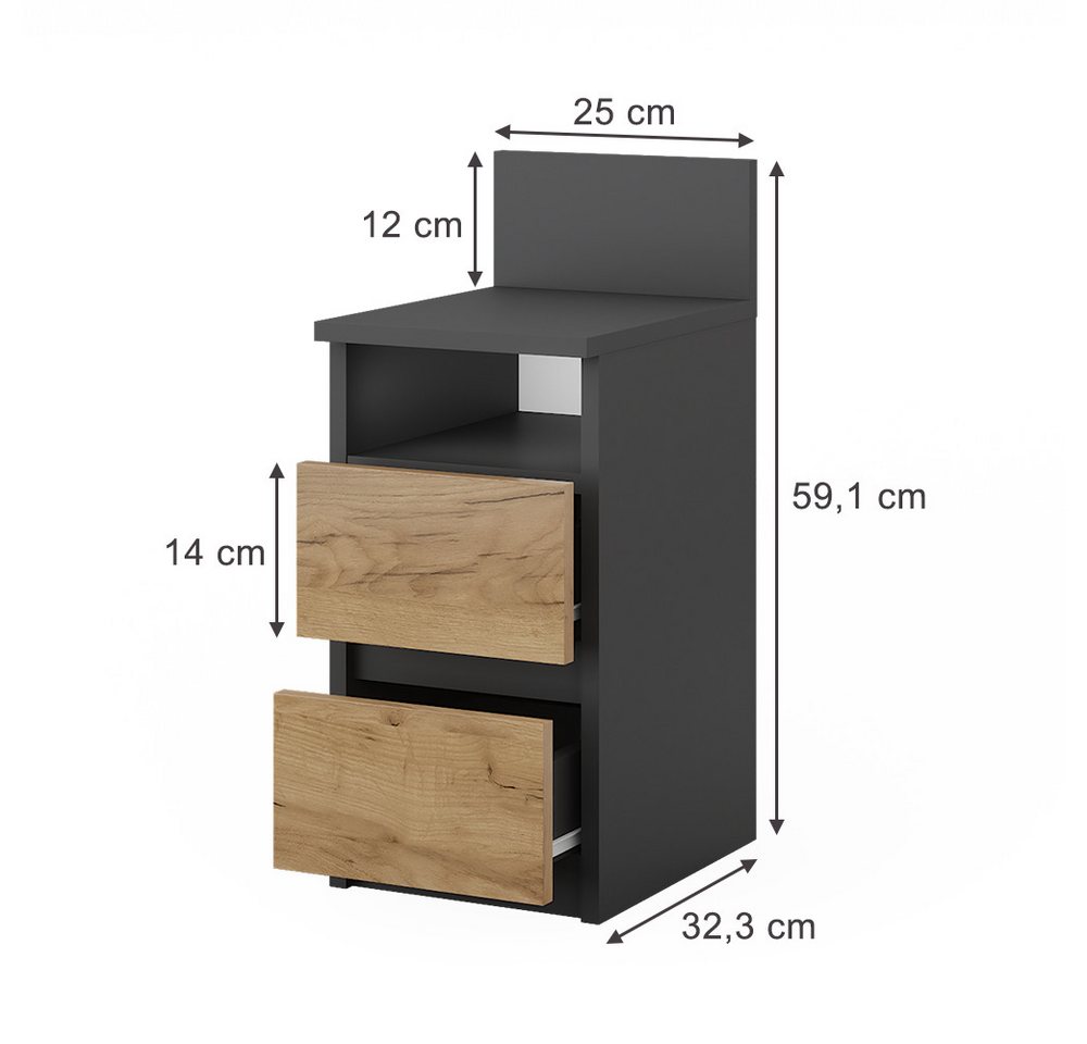 Vicco Nachtschrank Monty, Anthrazit/Goldkraft Eiche, 25 x 59.1 cm mit 2 Schubladen (1-St) – Bild 3 von 5