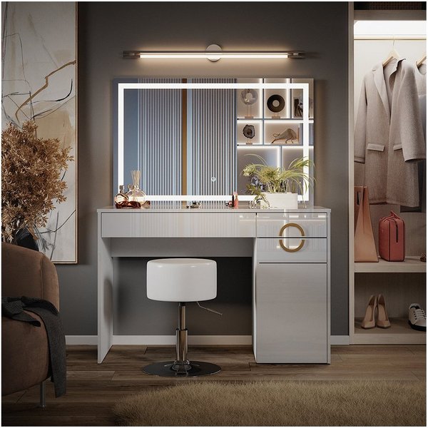 Vicco Schminktisch Adela, Weiß, 115 cm mit LED-Spiegel und Hocker (3-St)
