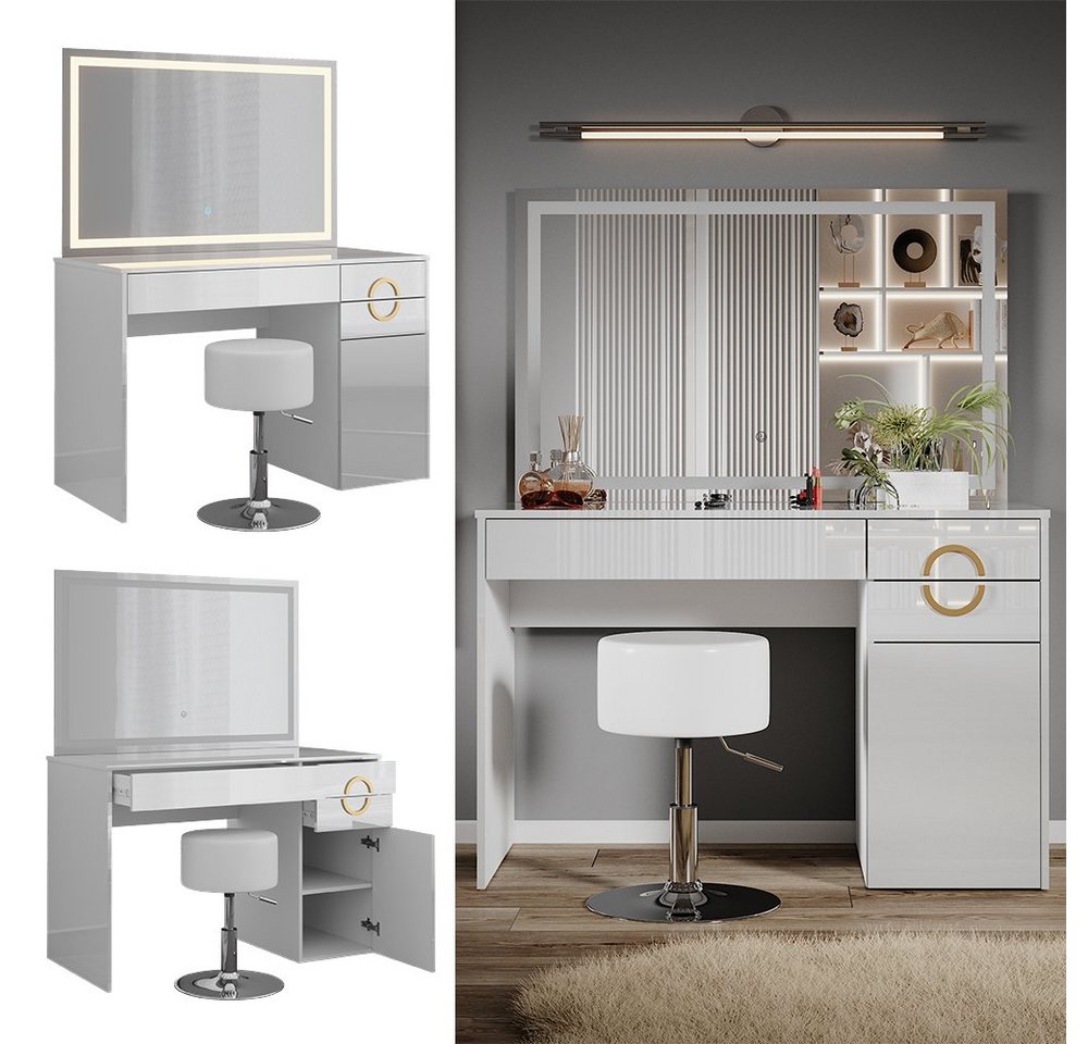 Vicco Schminktisch Adela, Weiß, 115 cm mit LED-Spiegel und Hocker (3-St) – Bild 2 von 5
