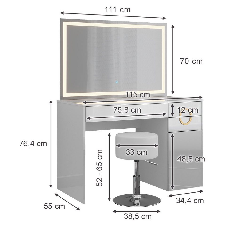 Vicco Schminktisch Adela, Weiß, 115 cm mit LED-Spiegel und Hocker (3-St) – Bild 3 von 5