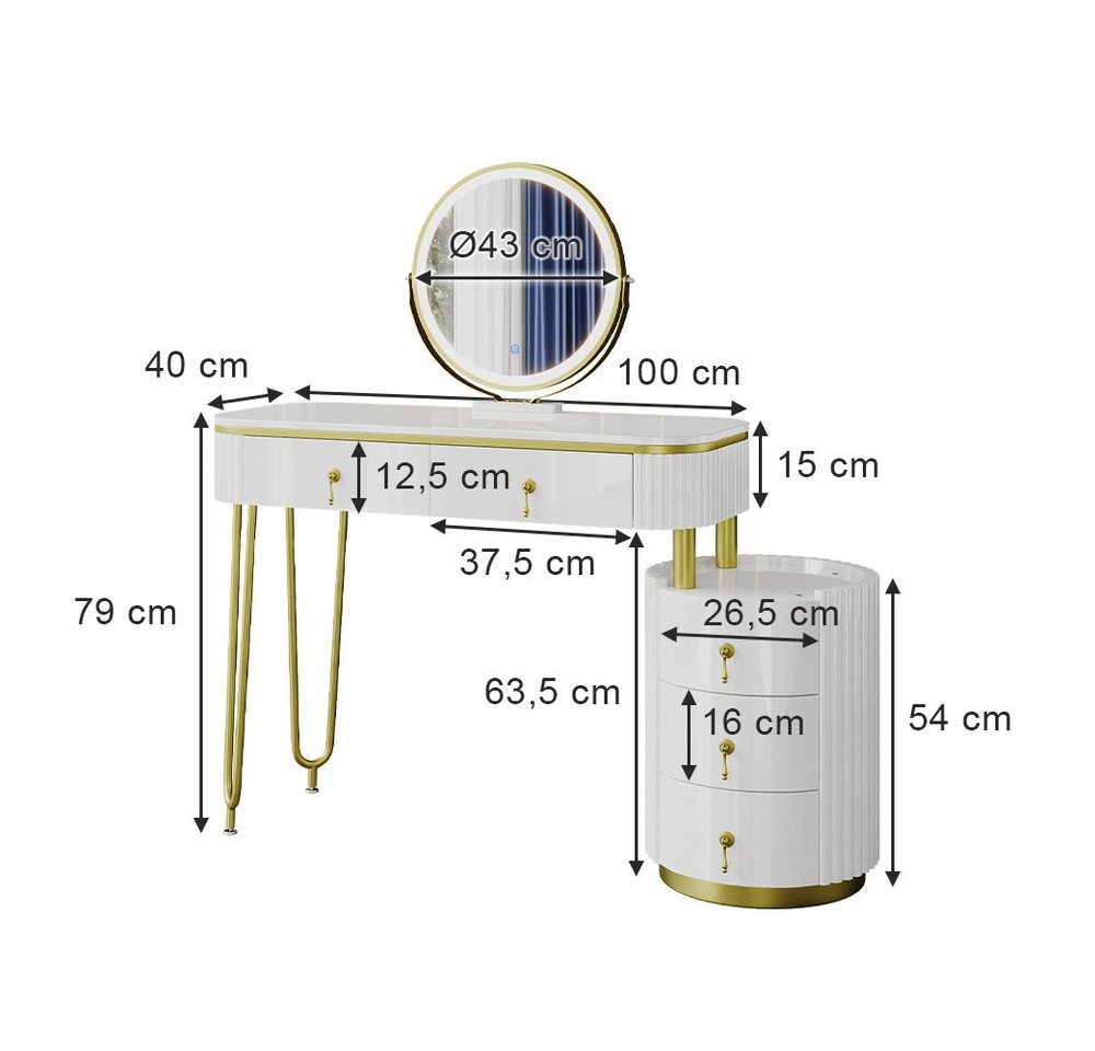 Vicco Schminktisch Charlène, Weiß, 100 cm mit LED-Spiegel (2-St) – Bild 3 von 5