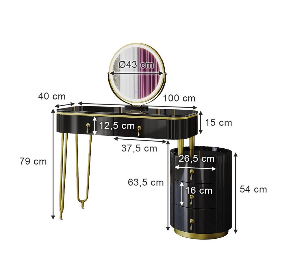 Vicco Schminktisch Charlène, Schwarz, 100 cm mit LED-Spiegel (2-St) – Bild 3 von 5