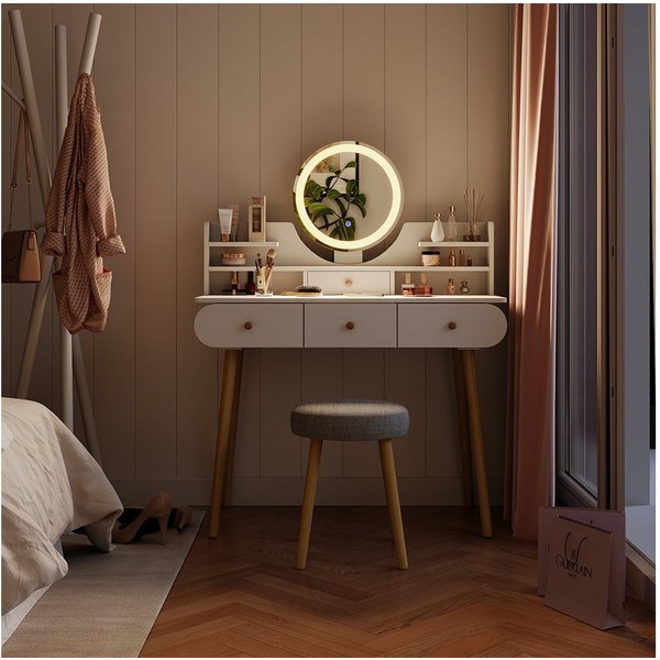 Vicco Schminktisch Edda, Weiß, 100 cm mit LED-Spiegel und Hocker (2-St)