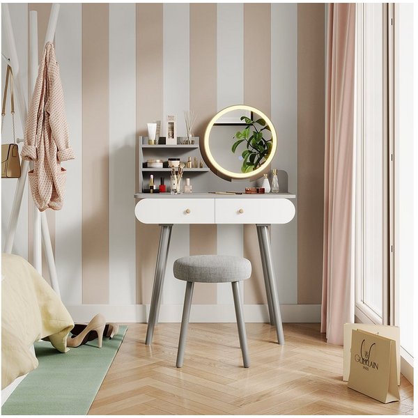 Vicco Schminktisch Edda, Grau, 80 cm mit LED-Spiegel und Hocker (2-St)