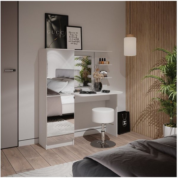 Vicco Schminktisch Jasmin, Weiß, 123 cm mit Spiegel, LED-Lichterkette und Hocker (2-St)
