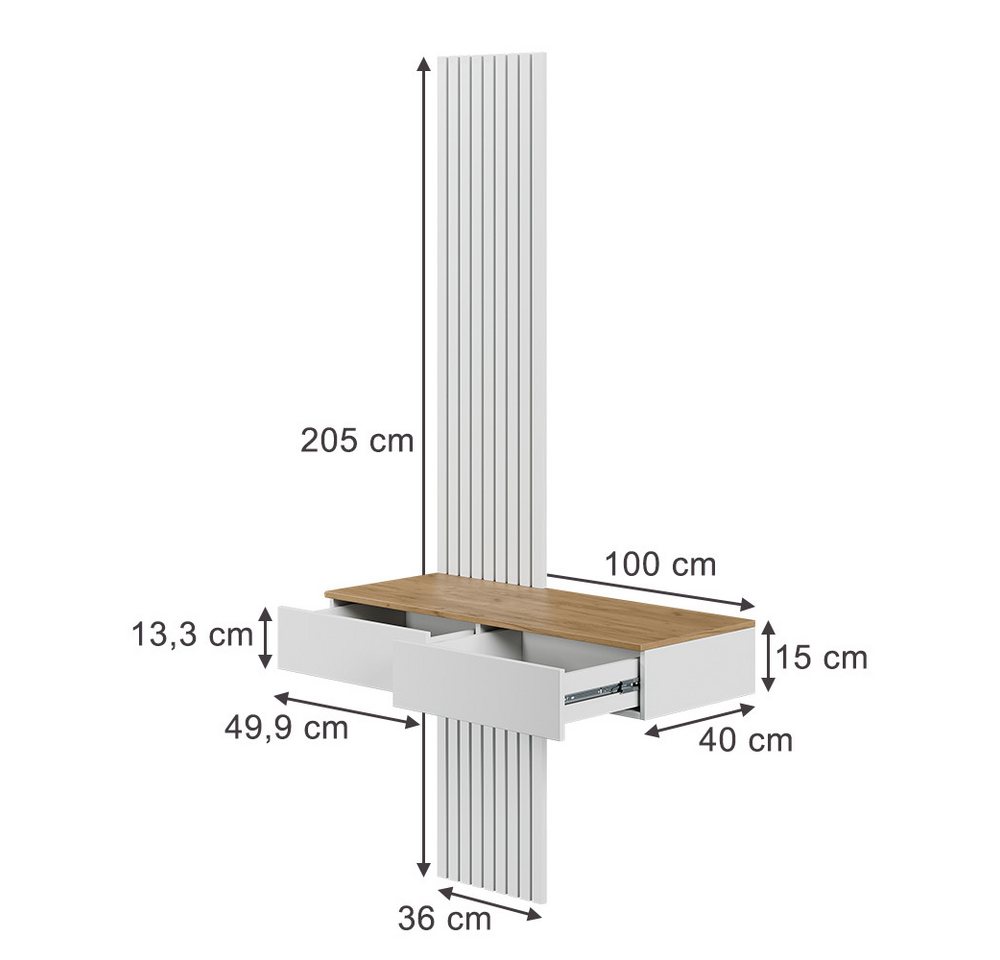 Vicco Schminktisch Melina, Weiß/Eiche, 100 cm ohne Spiegel (1-St) – Bild 3 von 5