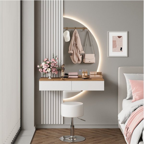 Vicco Schminktisch Melina, Weiß/Eiche, 100 cm mit LED-Spiegel und Hocker (3-St)