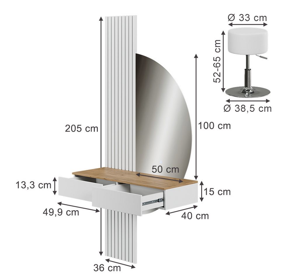 Vicco Schminktisch Melina, Weiß/Eiche, 100 cm mit LED-Spiegel und Hocker (3-St) – Bild 2 von 5