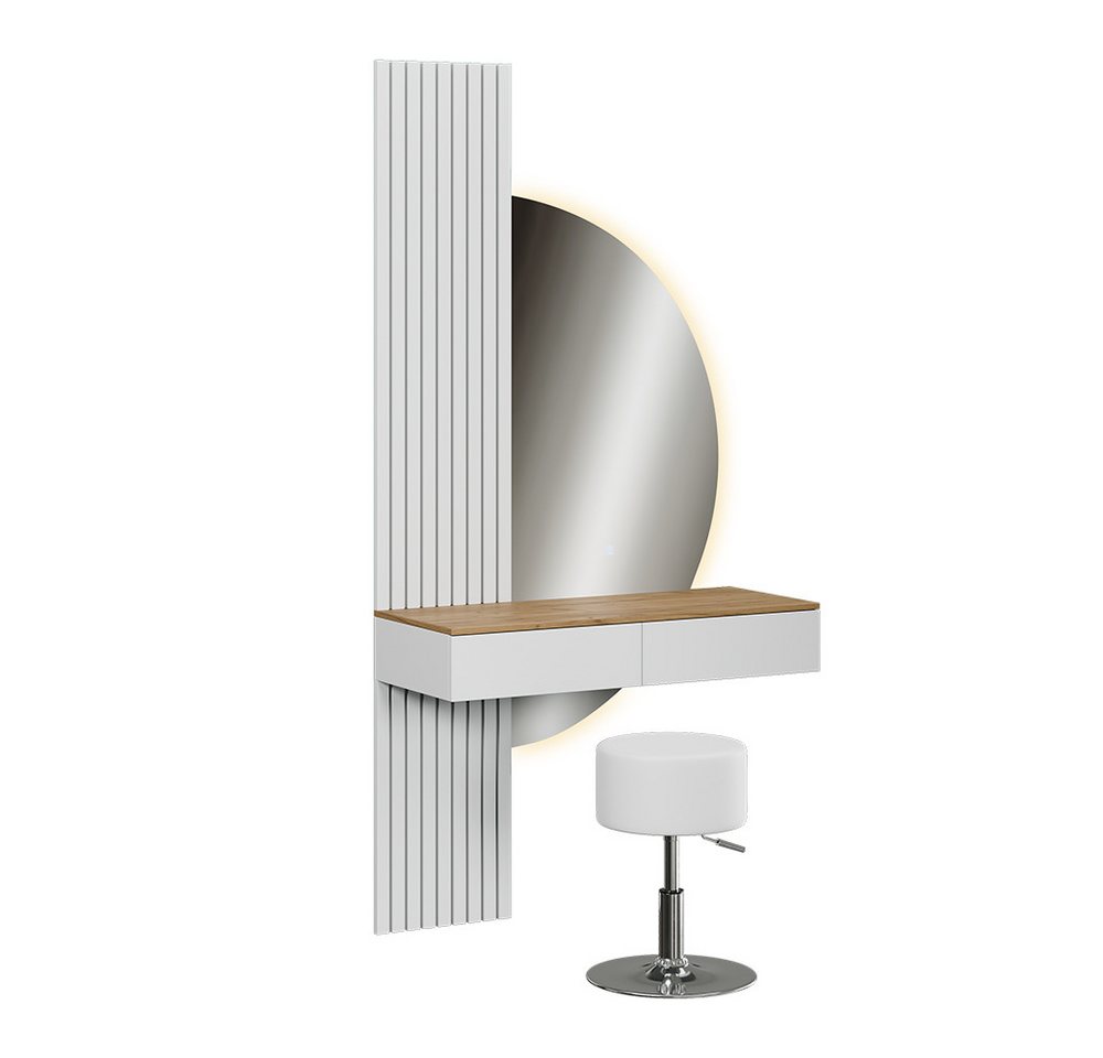 Vicco Schminktisch Melina, Weiß/Eiche, 100 cm mit LED-Spiegel und Hocker (3-St) – Bild 3 von 5