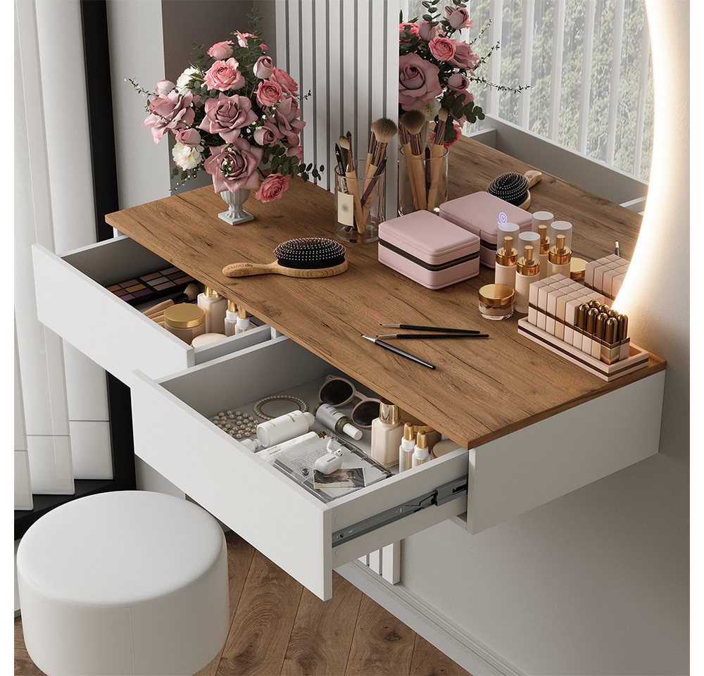 Vicco Schminktisch Melina, Weiß/Eiche, 100 cm mit LED-Spiegel und Hocker (3-St) – Bild 4 von 5