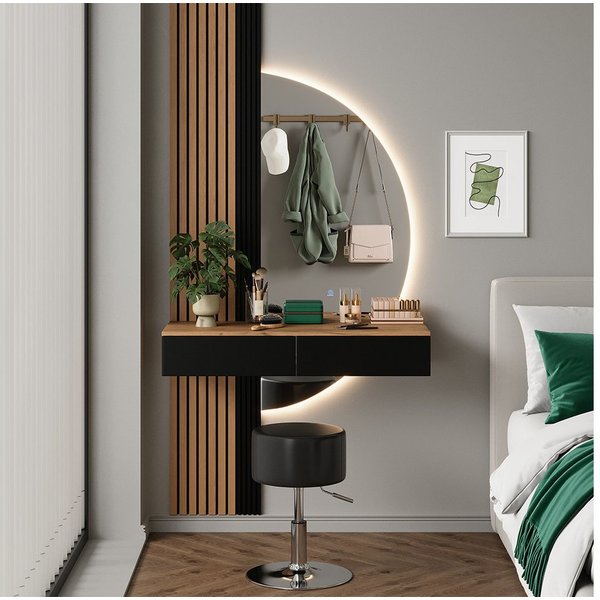 Vicco Schminktisch Melina, Eiche/Schwarz, 100 cm mit LED-Spiegel und Hocker (3-St)