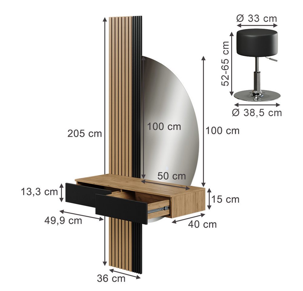 Vicco Schminktisch Melina, Eiche/Schwarz, 100 cm mit LED-Spiegel und Hocker (3-St) – Bild 2 von 5