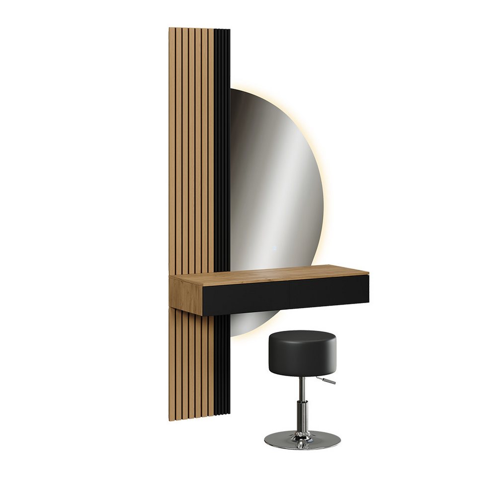 Vicco Schminktisch Melina, Eiche/Schwarz, 100 cm mit LED-Spiegel und Hocker (3-St) – Bild 3 von 5