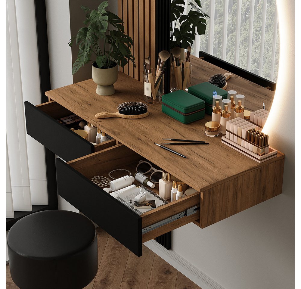 Vicco Schminktisch Melina, Eiche/Schwarz, 100 cm mit LED-Spiegel und Hocker (3-St) – Bild 4 von 5
