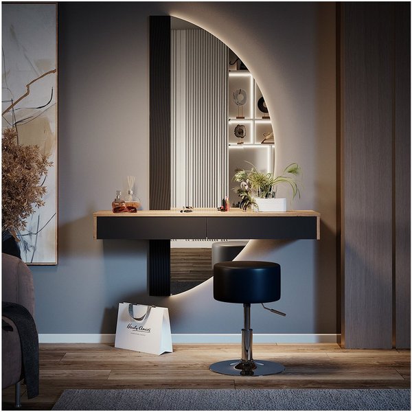 Vicco Schminktisch Melisa, Schwarz, 120 cm mit LED-Spiegel und Hocker (2-St)