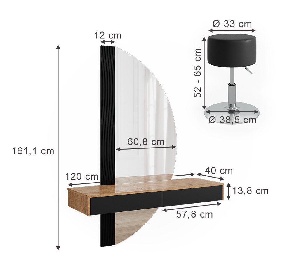 Vicco Schminktisch Melisa, Schwarz, 120 cm mit LED-Spiegel und Hocker (2-St) – Bild 2 von 5