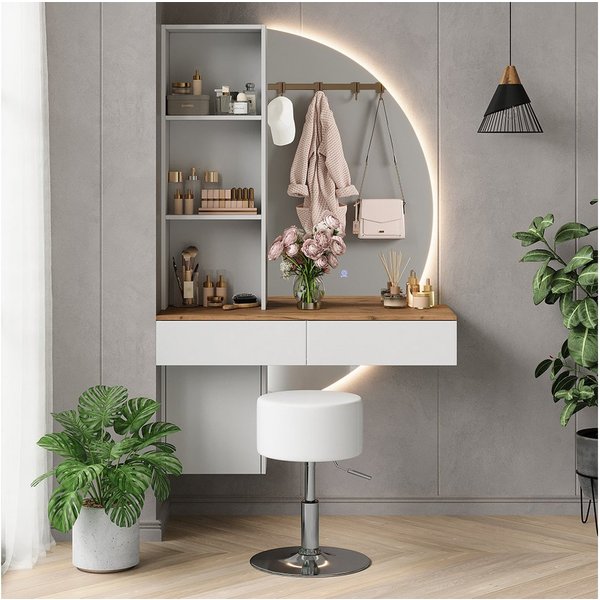 Vicco Schminktisch Melora, Weiß/Eiche, 100 cm mit LED-Spiegel und Hocker (3-St)