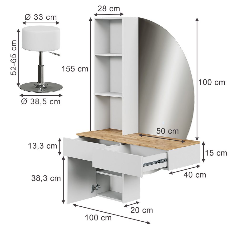 Vicco Schminktisch Melora, Weiß/Eiche, 100 cm mit LED-Spiegel und Hocker (3-St) – Bild 2 von 5