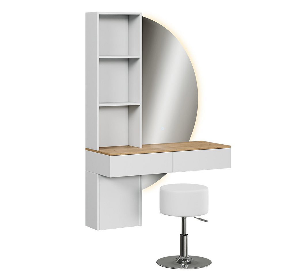 Vicco Schminktisch Melora, Weiß/Eiche, 100 cm mit LED-Spiegel und Hocker (3-St) – Bild 3 von 5