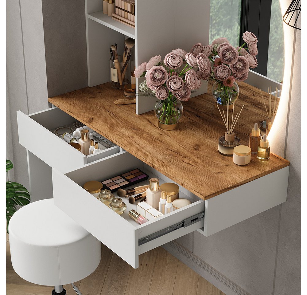 Vicco Schminktisch Melora, Weiß/Eiche, 100 cm mit LED-Spiegel und Hocker (3-St) – Bild 4 von 5