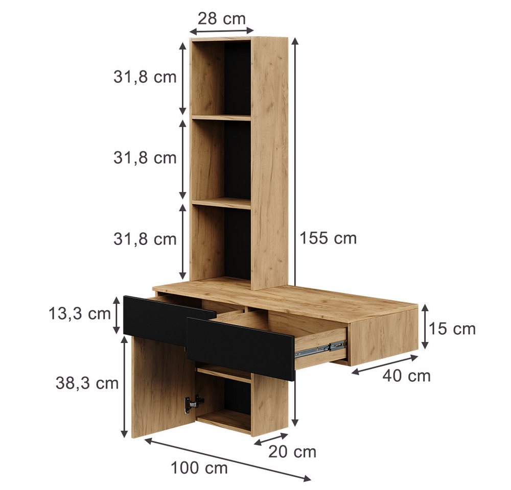 Vicco Schminktisch Melora, Eiche/Schwarz, 100 cm ohne Spiegel (1-St) – Bild 3 von 5