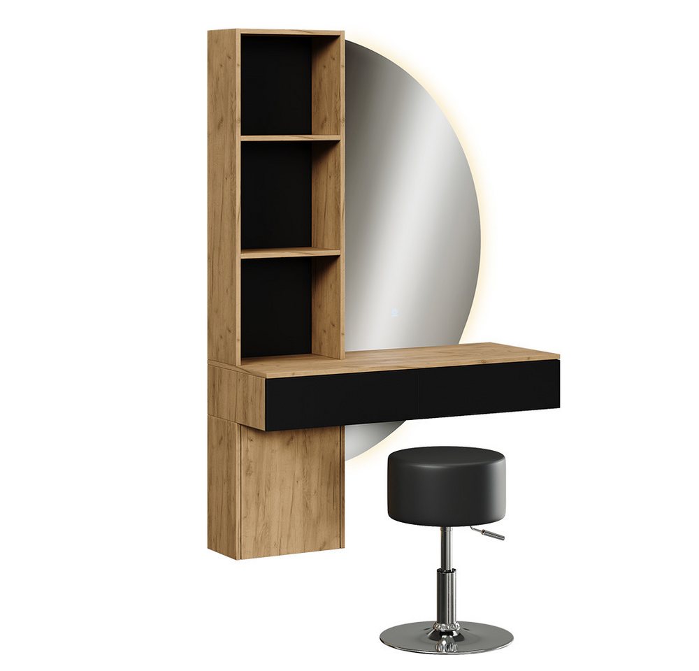 Vicco Schminktisch Melora, Eiche/Schwarz, 100 cm mit LED-Spiegel und Hocker (3-St) – Bild 3 von 5