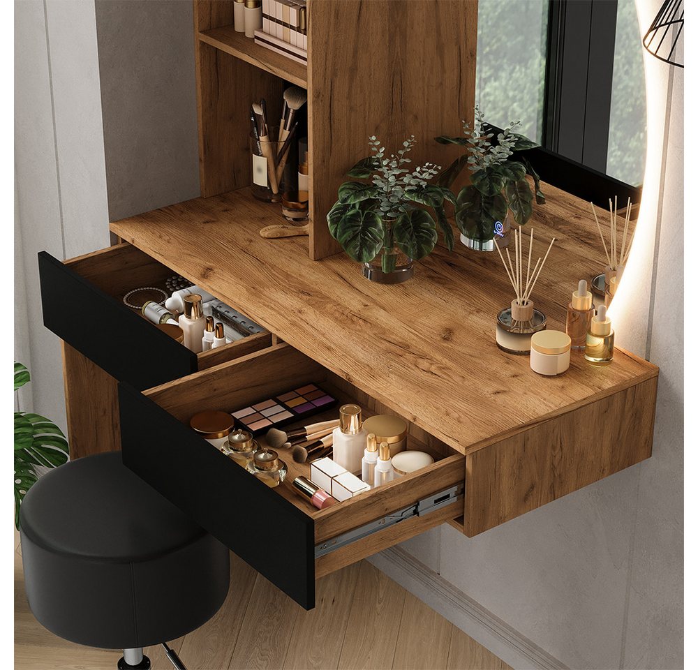Vicco Schminktisch Melora, Eiche/Schwarz, 100 cm mit LED-Spiegel und Hocker (3-St) – Bild 4 von 5