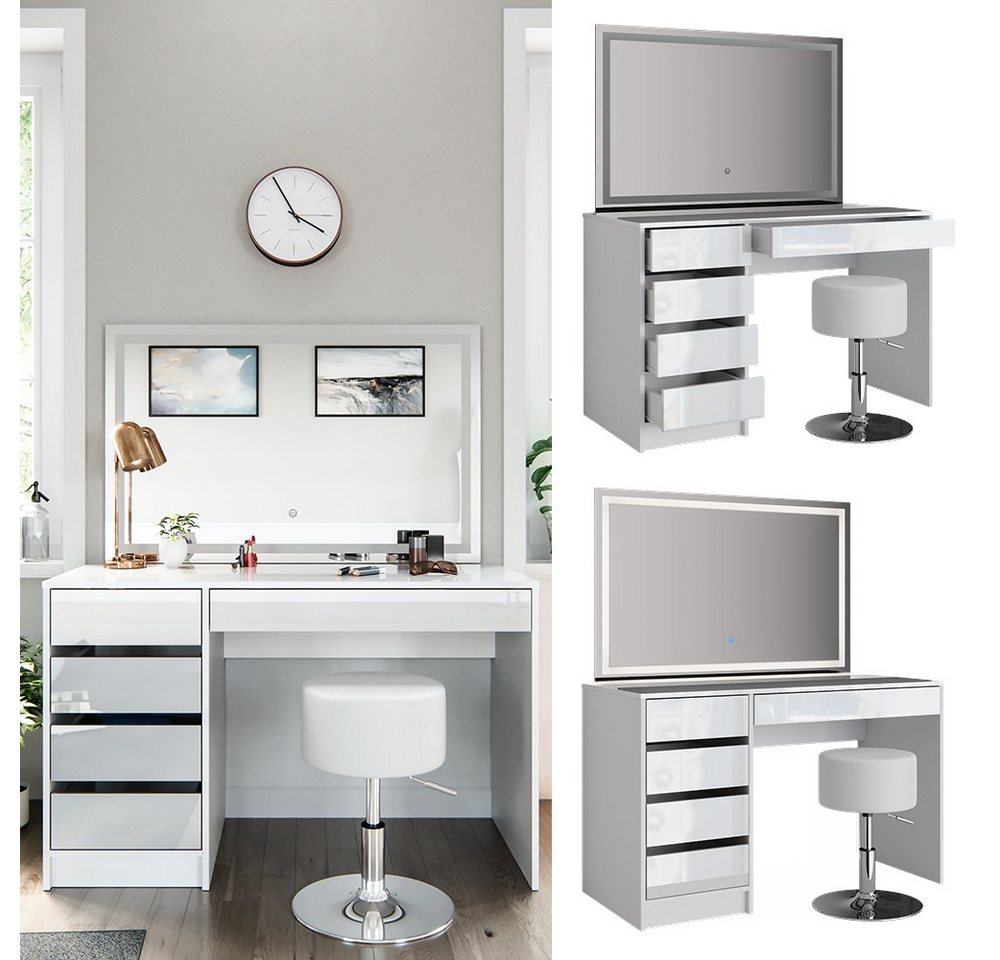 Vicco Schminktisch Sherry, Weiß, 120 cm mit LED-Spiegel und Hocker (3-St) – Bild 2 von 5