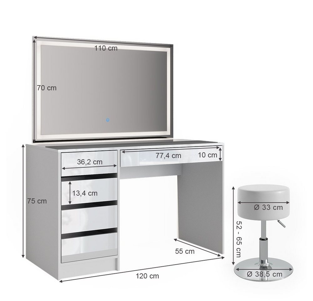 Vicco Schminktisch Sherry, Weiß, 120 cm mit LED-Spiegel und Hocker (3-St) – Bild 3 von 5