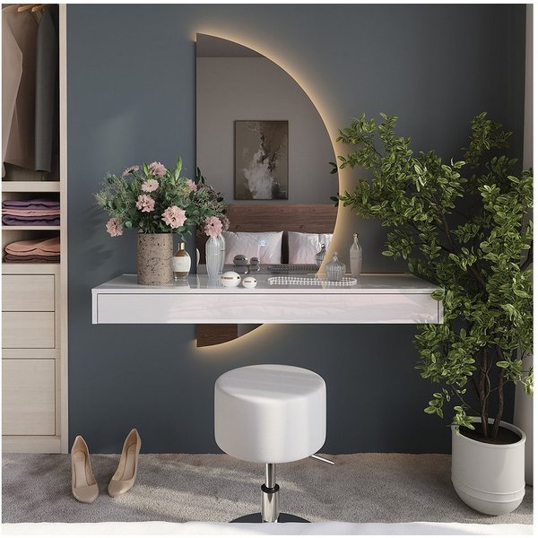 Vicco Schminktisch Sherry, Weiß Hochglanz, 120 cm mit LED-Spiegel und Hocker (3-St)