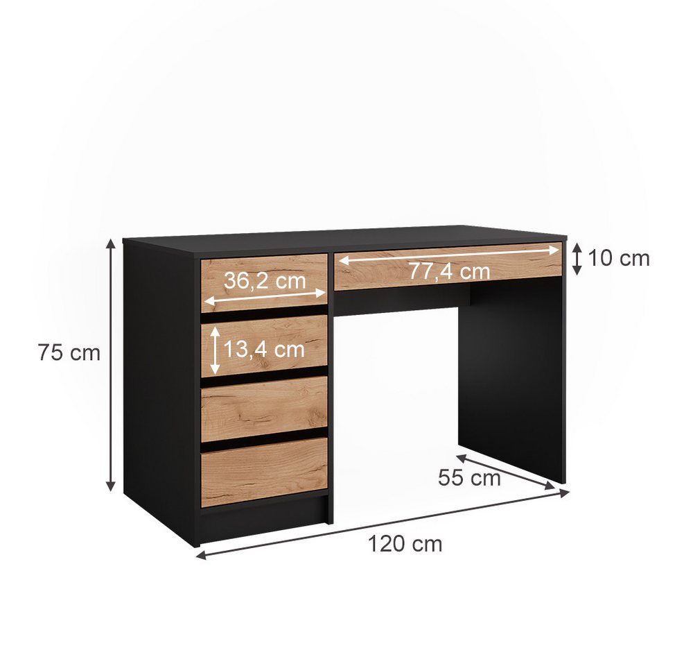 Vicco Schminktisch Sherry, Anthrazit/Goldkraft Eiche, 120 x 75 cm ohne Spiegel (1-St) – Bild 3 von 5