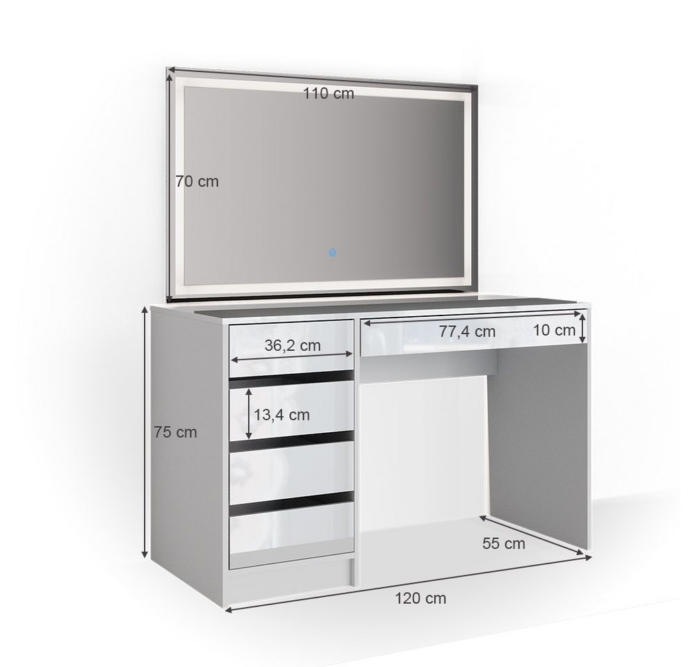 Vicco Schminktisch Sherry, Weiß, 120 cm mit LED-Spiegel (2-St) – Bild 3 von 5