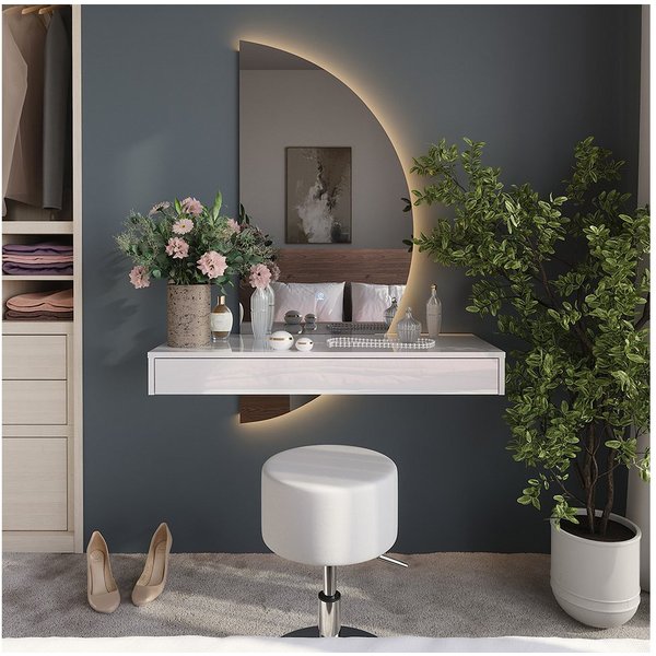 Vicco Schminktisch Sherry, Weiß Hochglanz, 100 cm mit LED-Spiegel und Hocker (3-St)