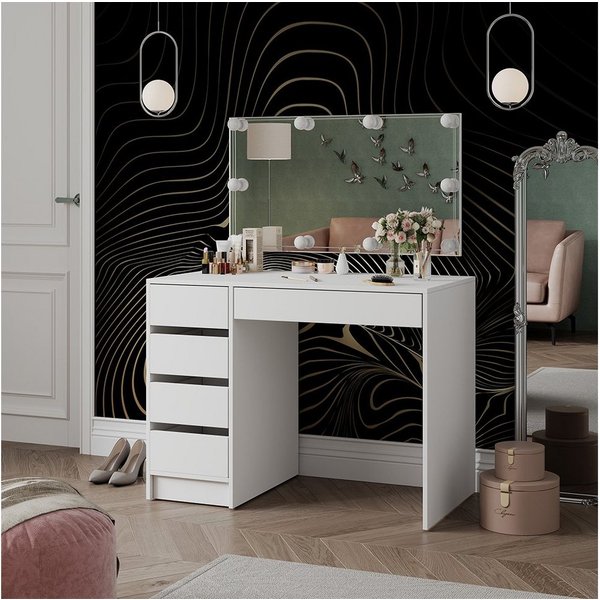 Vicco Schminktisch Thalia, Weiß, 100 cm mit Spiegel und LED-Lichterkette (2-St)