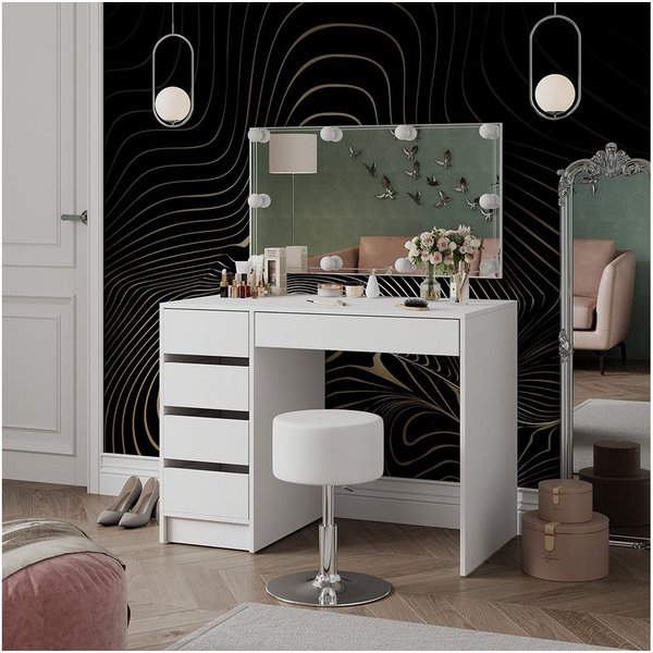 Vicco Schminktisch Thalia, Weiß, 100 cm mit Spiegel, LED-Lichterkette und Hocker (3-St)