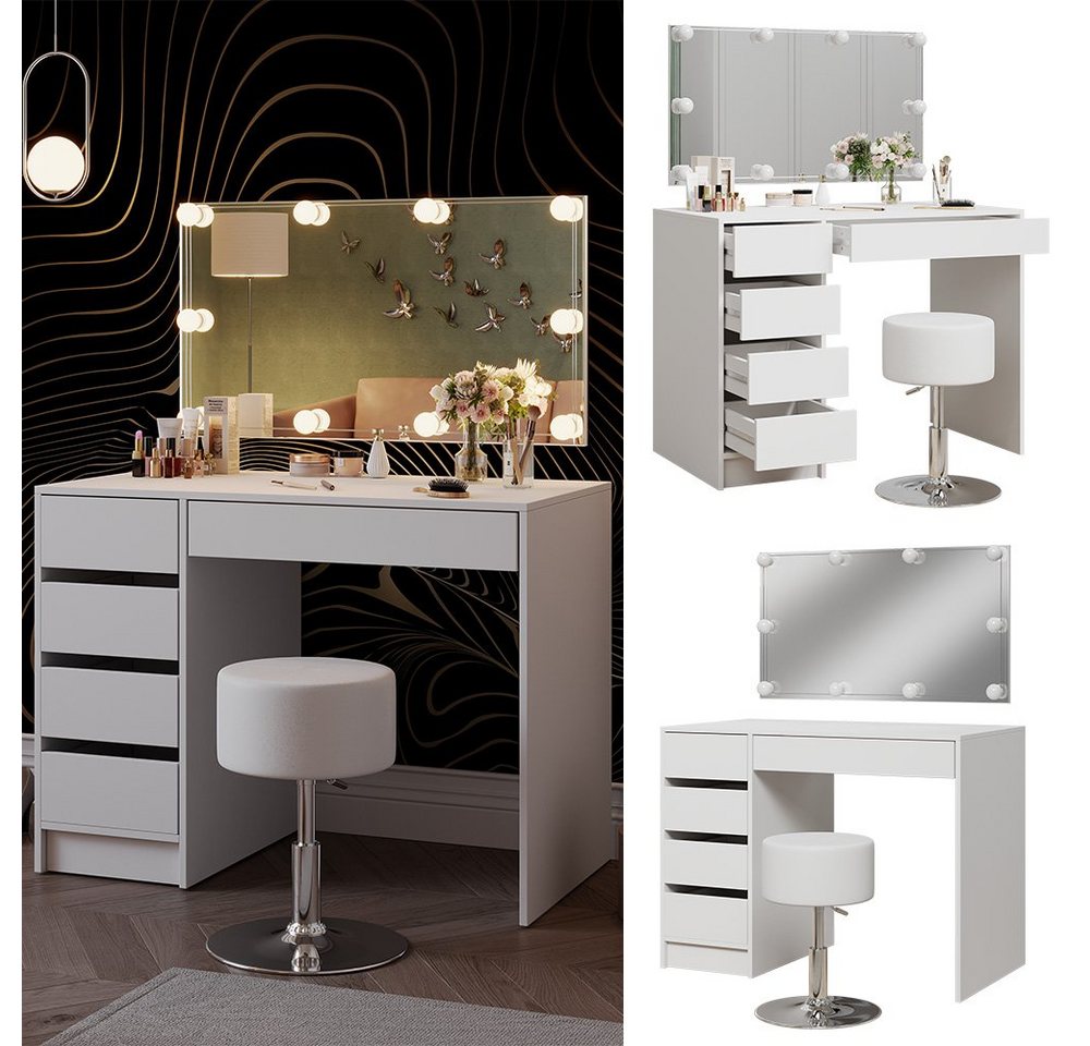 Vicco Schminktisch Thalia, Weiß, 100 cm mit Spiegel, LED-Lichterkette und Hocker (3-St) – Bild 2 von 5