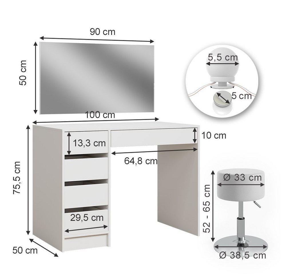Vicco Schminktisch Thalia, Weiß, 100 cm mit Spiegel, LED-Lichterkette und Hocker (3-St) – Bild 3 von 5