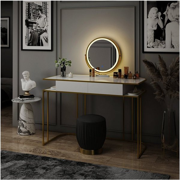 Vicco Schminktisch Tiara, Weiß/Gold, 110 cm mit LED-Spiegel (2-St)