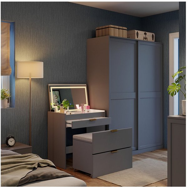 Vicco Schminktisch Wanja, Grau, 80 cm mit LED-Spiegel und Bank (2-St)
